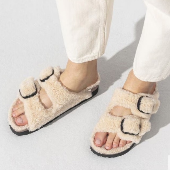 Birkenstock Papillio | Women’s Cream Teddy Bear Sherpa Lined Arizona Sandals, 10 - Picture 1 of 16